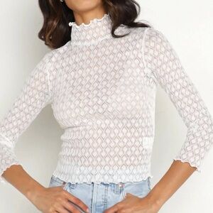 For Love & Lemons Tracy Sheer Mesh Turtleneck Crop Top in White, NWT, Size M
